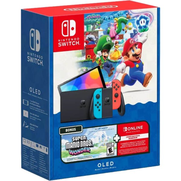 Nintendo Switch OLED Console and Super Mario Bros Wonder Bundle with Online